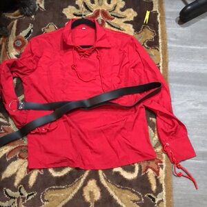 Womens Red Lace-Up Collar Shirt w/belt